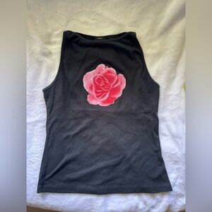 Black Women's Tank Top with Pink Rose Graphic Vintage Y2K boat Neck